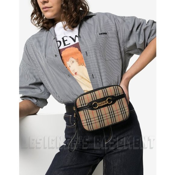 BURBERRY black leather LINK 1983 beige canvas Equestrian Knight Check Belt Bag - Picture 10 of 12